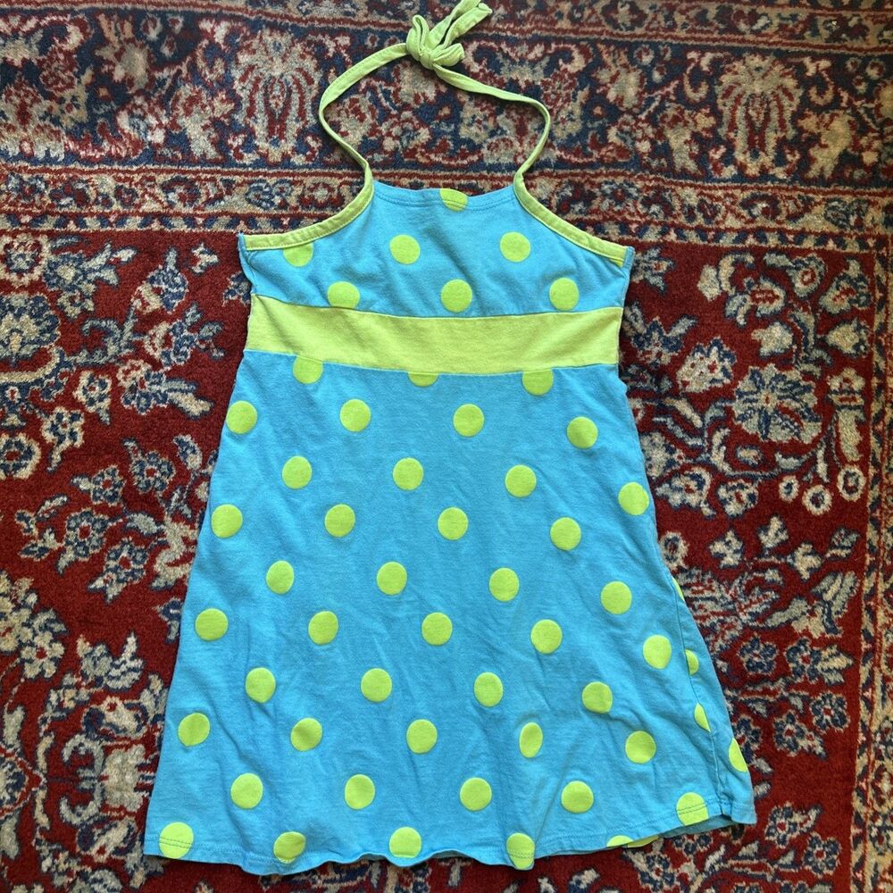 Basic Edition Vintage Girls Youth 7/8 Blue Green Polka Dot Halter Dress 90s Y2K